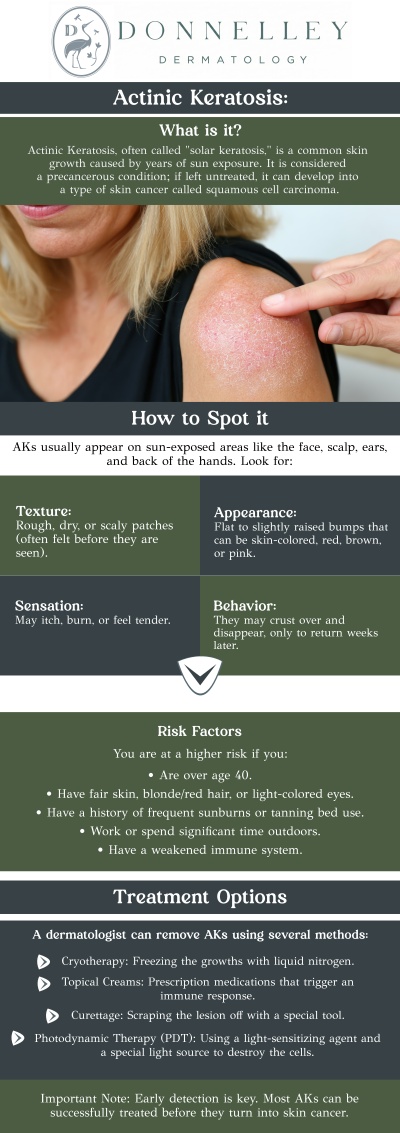 Actinic Keratosis (AK) is a common skin condition that occurs due to prolonged sun exposure, resulting in rough, scaly patches on the skin. These precancerous lesions can develop into skin cancer if left untreated. At Donnelley Dermatology in New York, NY, Dr. Naomi S. Donnelley, M.D., FAAD, a board-certified dermatologist, offers expert treatment for Actinic Keratosis to prevent further complications and protect your skin’s health. Early diagnosis and treatment are crucial to effectively managing this condition. For more information, contact us or schedule an appointment online. We are conveniently located at 1075 Park Ave , #1C, New York, NY, 10128.