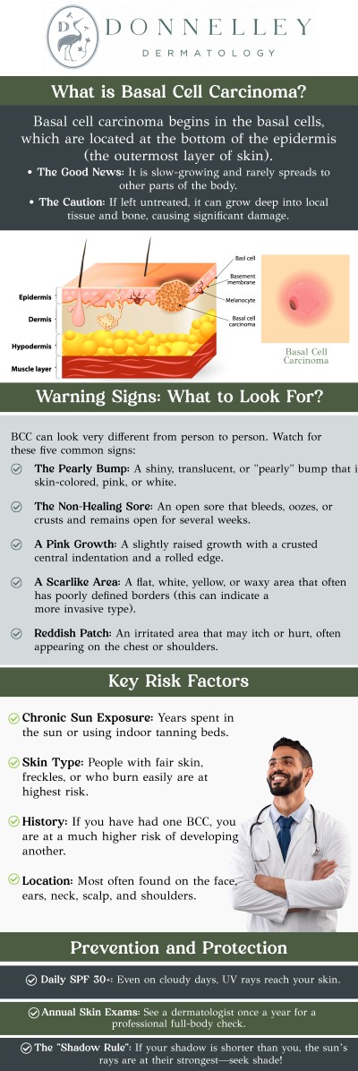 Common questions asked by patients: What is basal cell carcinoma (BCC)? What does basal cell carcinoma (BCC) look like? What causes basal cell carcinoma (BCC)? Can Basal Cell Carcinoma come back? How is BCC diagnosed? How long does it take to heal after basal cell carcinoma (BCC) treatment? Basal cell carcinoma is the most common skin cancer, often appearing as a pearly bump or non-healing sore on sun-exposed skin. Early detection is vital to prevent deep tissue damage and ensure the best results from treatment. At Donnelley Dermatology, PLLC in New York, NY, you can receive expert care from Dr. Naomi Donnelley, MD, FAAD, a Yale-educated, board-certified dermatologist and one of America’s top-voted doctors. For more information, contact us or schedule an appointment online. We are conveniently located at 1075 Park Ave , #1C, New York, NY, 10128.