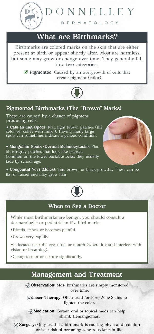 Common questions asked by patients: What are the most common types of birthmarks? Can birthmarks develop into skin cancer? Can sun exposure make birthmarks worse? How long does birthmark removal last? Who is a candidate for birthmark removal? Birthmarks are persistent skin markings that appear at birth or shortly after, varying widely in color, size, and texture. While most are harmless, an expert evaluation is essential to monitor for any changes or potential underlying health concerns. At Donnelley Dermatology, PLLC in New York, NY, you can receive personalized care from Dr. Naomi Donnelley, MD, FAAD, a board-certified dermatologist. For more information, contact us or schedule an appointment online. We are conveniently located at 1075 Park Ave , #1C, New York, NY, 10128. Common questions asked by patients: What are the most common types of birthmarks? Can birthmarks develop into skin cancer? Can sun exposure make birthmarks worse? How long does birthmark removal last? Who is a candidate for birthmark removal? Birthmarks are persistent skin markings that appear at birth or shortly after, varying widely in color, size, and texture. While most are harmless, an expert evaluation is essential to monitor for any changes or potential underlying health concerns. At Donnelley Dermatology, PLLC in New York, NY, you can receive personalized care from Dr. Naomi Donnelley, MD, FAAD, a board-certified dermatologist. For more information, contact us or schedule an appointment online. We are conveniently located at 1075 Park Ave , #1C, New York, NY, 10128.