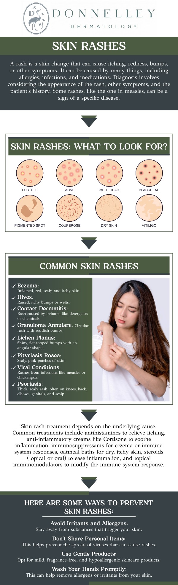 Rashes are common skin irritations that can be caused by various factors, including allergies, infections, or skin conditions like eczema. Symptoms typically include redness, itching, and swelling, with the appearance varying depending on the cause. Dr. Naomi S. Donnelley, a board-certified dermatologist at Donnelley Dermatology, PLLC, can provide proper diagnosis and treatment for rashes. For more information, contact us or schedule an appointment online. We are conveniently located at 1075 Park Ave , #1C, New York, NY, 10128.
