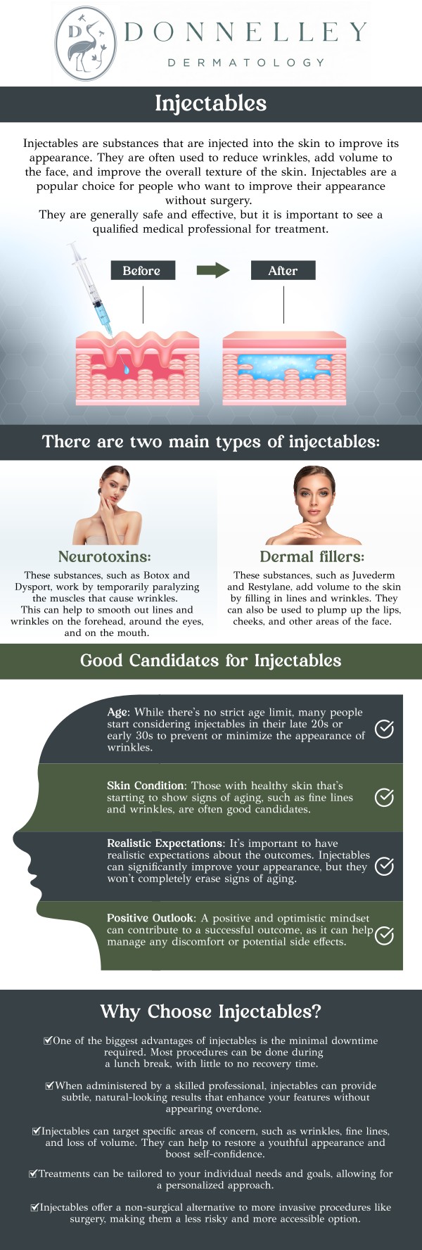 Injectables & facial fillers are non-surgical treatments designed to reduce fine lines, wrinkles, and restore lost volume in the face. Neuromodulators like Botox target the muscles that cause dynamic wrinkles, while dermal fillers like hyaluronic acid restore fullness to areas like the cheeks, lips, and under-eye region. These treatments provide natural, youthful results with minimal downtime. At Donnelley Dermatology, Dr. Naomi S. Donnelley, M.D., FAAD, customizes each treatment to achieve balanced, rejuvenated skin. For more information, contact us or schedule an appointment online. We are conveniently located at 1075 Park Ave , #1C, New York, NY, 10128. Injectables & facial fillers are non-surgical treatments designed to reduce fine lines, wrinkles, and restore lost volume in the face. Neuromodulators like Botox target the muscles that cause dynamic wrinkles, while dermal fillers like hyaluronic acid restore fullness to areas like the cheeks, lips, and under-eye region. These treatments provide natural, youthful results with minimal downtime. At Donnelley Dermatology, Dr. Naomi S. Donnelley, M.D., FAAD, customizes each treatment to achieve balanced, rejuvenated skin. For more information, contact us or schedule an appointment online. We are conveniently located at 1075 Park Ave , #1C, New York, NY, 10128.