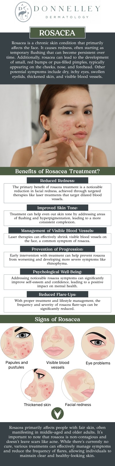 Common questions asked by patients: What is Rosacea? What are the symptoms of Rosacea? What causes Rosacea? How is Rosacea diagnosed? Can Rosacea be cured? What triggers Rosacea flare-ups? Rosacea is a chronic skin condition that causes redness, visible blood vessels, and sometimes pimples, mainly on the face. The exact cause is unknown, but it can be triggered by factors such as sun exposure, stress, and certain foods. Dr. Naomi S. Donnelley, a board-certified dermatologist at Donnelley Dermatology, PLLC, offers effective treatments to manage rosacea and reduce flare-ups. For more information, contact us or schedule an appointment online. We are conveniently located at 1075 Park Ave , #1C, New York, NY, 10128. Common questions asked by patients: What is Rosacea? What are the symptoms of Rosacea? What causes Rosacea? How is Rosacea diagnosed? Can Rosacea be cured? What triggers Rosacea flare-ups? Rosacea is a chronic skin condition that causes redness, visible blood vessels, and sometimes pimples, mainly on the face. The exact cause is unknown, but it can be triggered by factors such as sun exposure, stress, and certain foods. Dr. Naomi S. Donnelley, a board-certified dermatologist at Donnelley Dermatology, PLLC, offers effective treatments to manage rosacea and reduce flare-ups. For more information, contact us or schedule an appointment online. We are conveniently located at 1075 Park Ave , #1C, New York, NY, 10128.