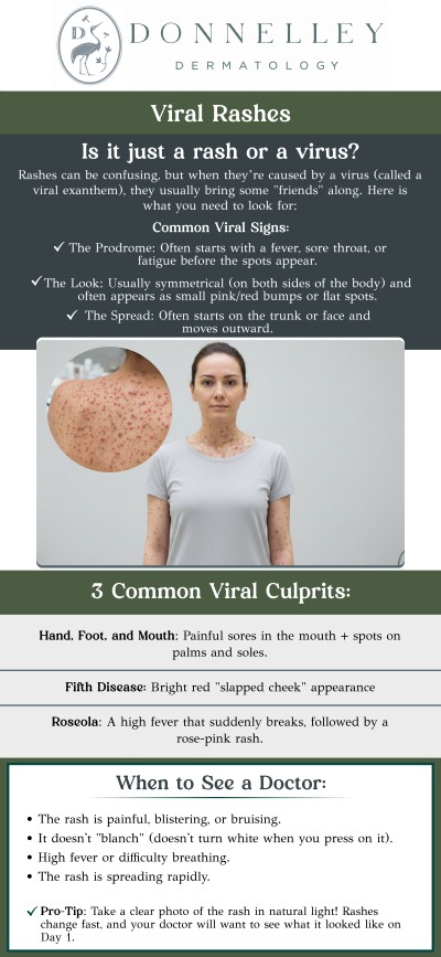Common questions asked by patients: What are viral rashes? What causes viral rashes? How are viral rashes treated? What are the common symptoms of viral rashes? How long do viral rashes last? Do viral rashes require a visit to the doctor? Viral rashes are skin conditions caused by infections from viruses such as chickenpox, measles, or shingles. These rashes can vary in appearance, ranging from small red spots to large blisters, and are often accompanied by other symptoms like fever or itching. Dr. Naomi Donnelley, MD, FAAD, provides comprehensive care for viral rashes at Donnelley Dermatology, PLLC in New York, NY. Early diagnosis and treatment can help alleviate symptoms and prevent complications from viral infections. For more information, contact us or schedule an appointment online. We are conveniently located at 1075 Park Ave , #1C, New York, NY, 10128.